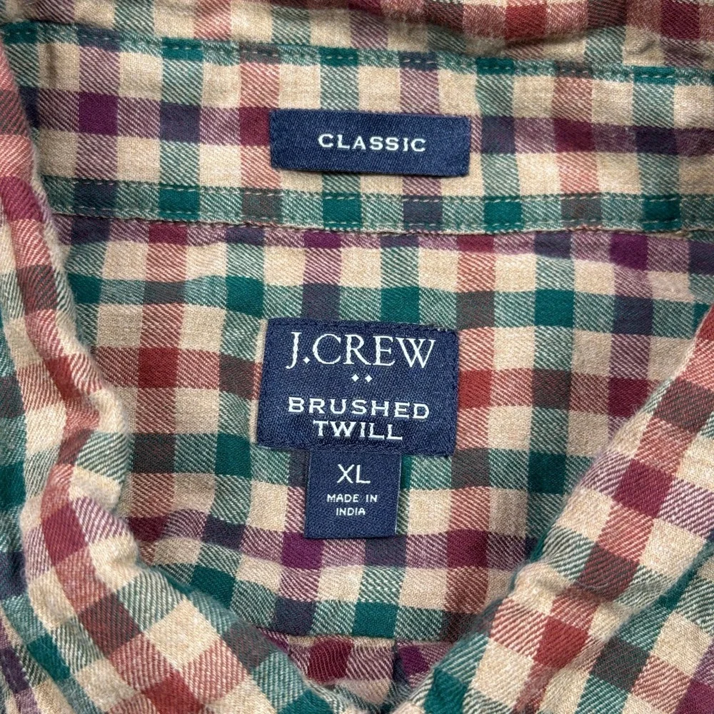 J. Crew Brushed Twill Shirt Mens XL Red Green Plaid Classic Fit Button Down‎